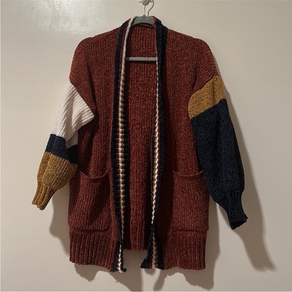 BRICK MULTI STRIPED CHENILLE CABLE KNIT CARDIGAN - Picture 4 of 6